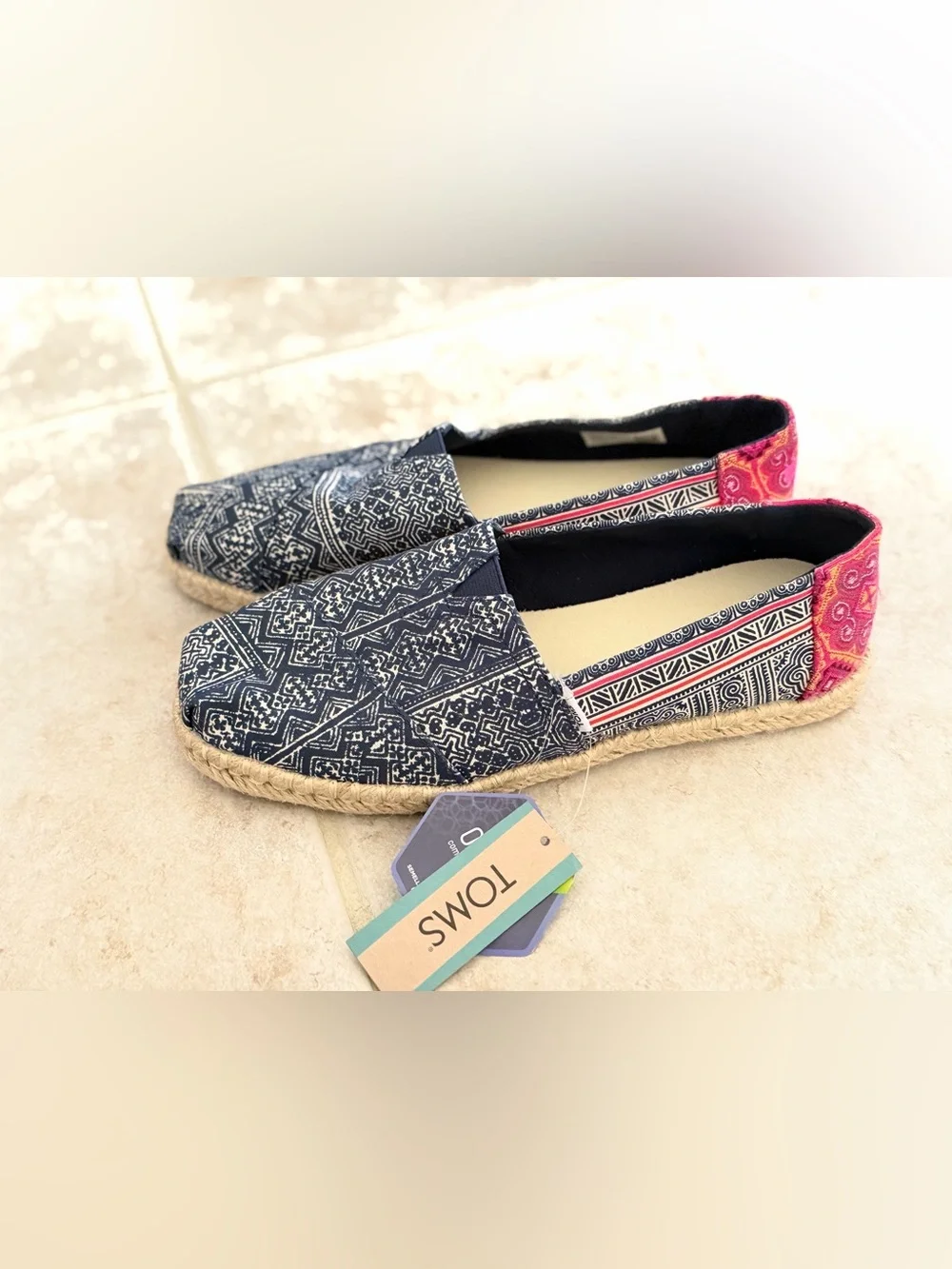 TOMS Navy Printed Canvas Alpargata Slip-Ons with Pink Accent